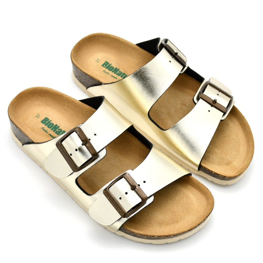 Slippers | BIONATURA Flip Flops Women In Gold Metallic Leather